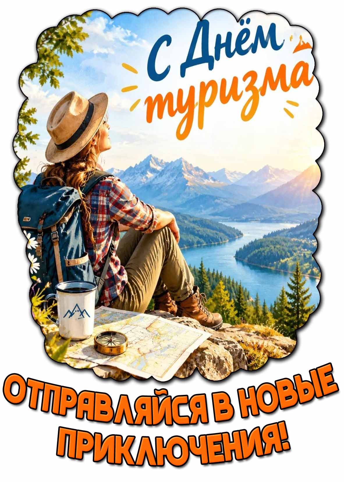 Открытка "С днём туризма! Отправляйся в новые приключения!"