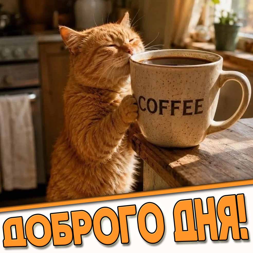 Открытка с котом и кофе "Доброго дня!"