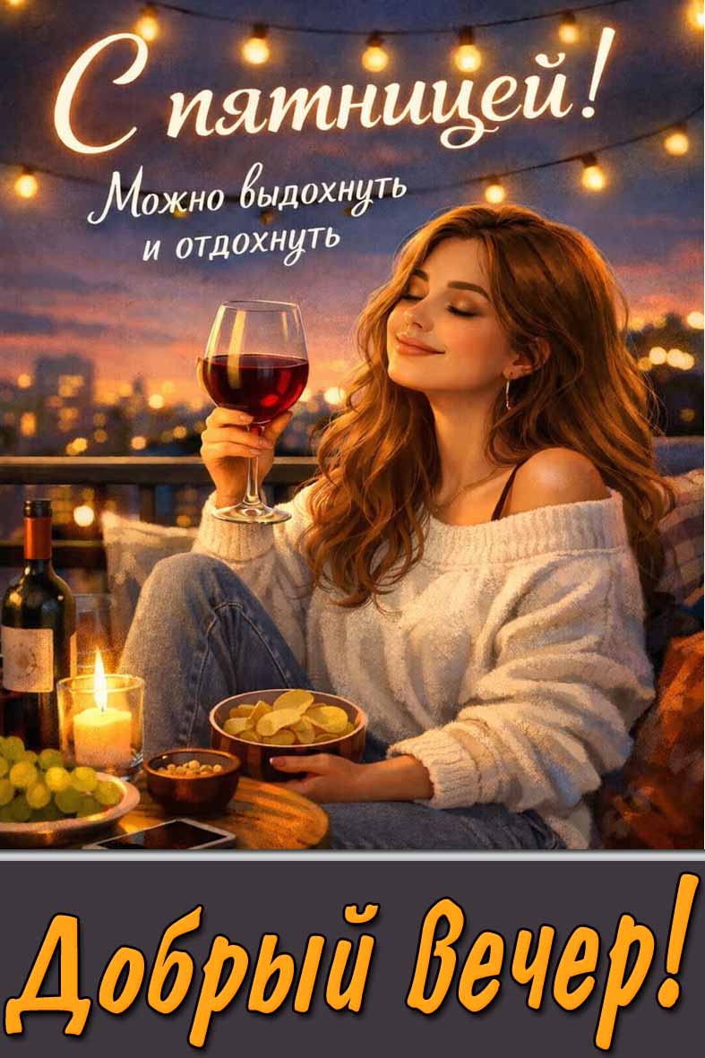 Открытка "С пятницей! Можно выдохнуть и отдохнуть! Добрый вечер!"