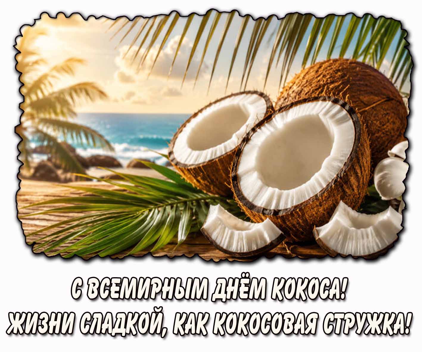 Открытка "С Всемирным днём кокоса! Жизни сладкой, как кокосовая стружка!"