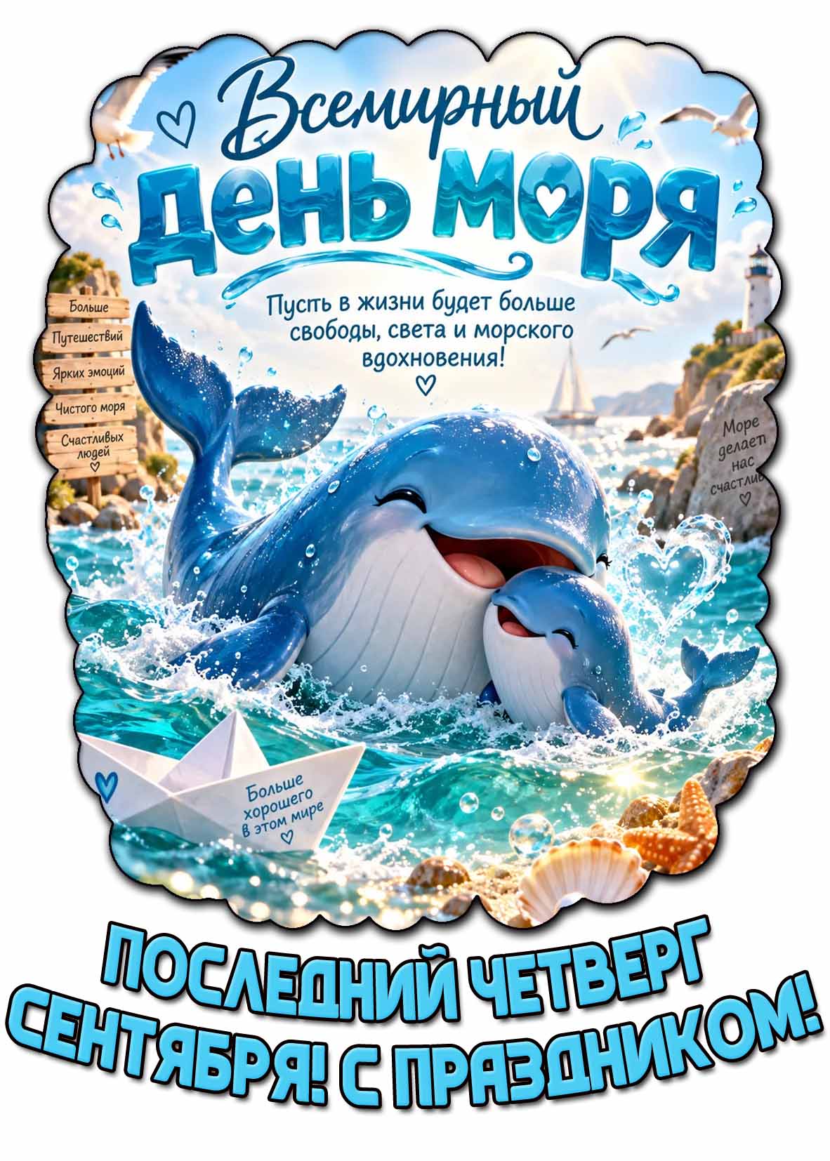 Красивая открытка с прикольными китятами и надписью : Всемирный день моря! Последний четверг сентября! С праздником! Пусть в жизни будет больше свободы, света и морского вдохновения! Красивая открытка с прикольными китятами и надписью : Всемирный день моря! Последний четверг сентября! С праздником! Пусть в жизни будет больше свободы, света и морского вдохновения!