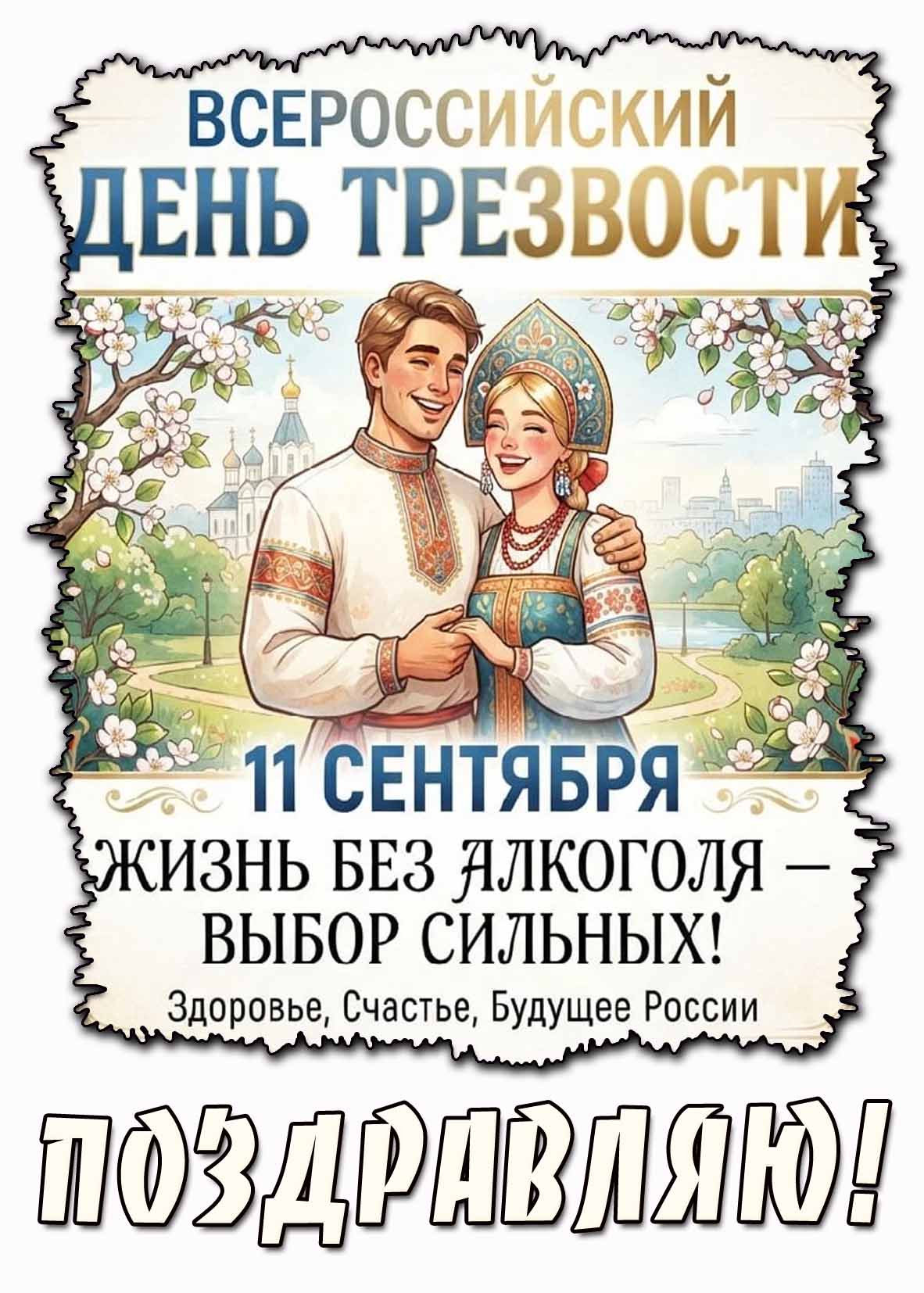 Открытка 11 сентября - Всероссийский день трезвости! Жизнь без алкоголя - выбор сильных! Здоровье, счастье, будущее России! Поздравляю!