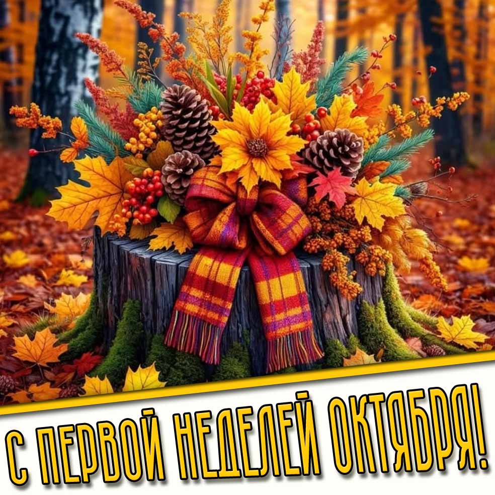 С первой неделей октября! - открытка с букетом листьев