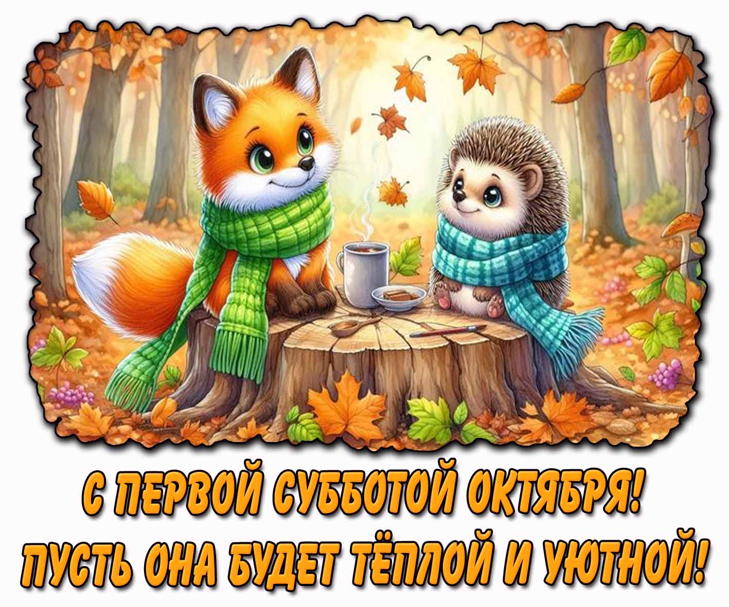 Прикольная открытка "С первой субботой октября! Пусть она будет тёплой и уютной!"