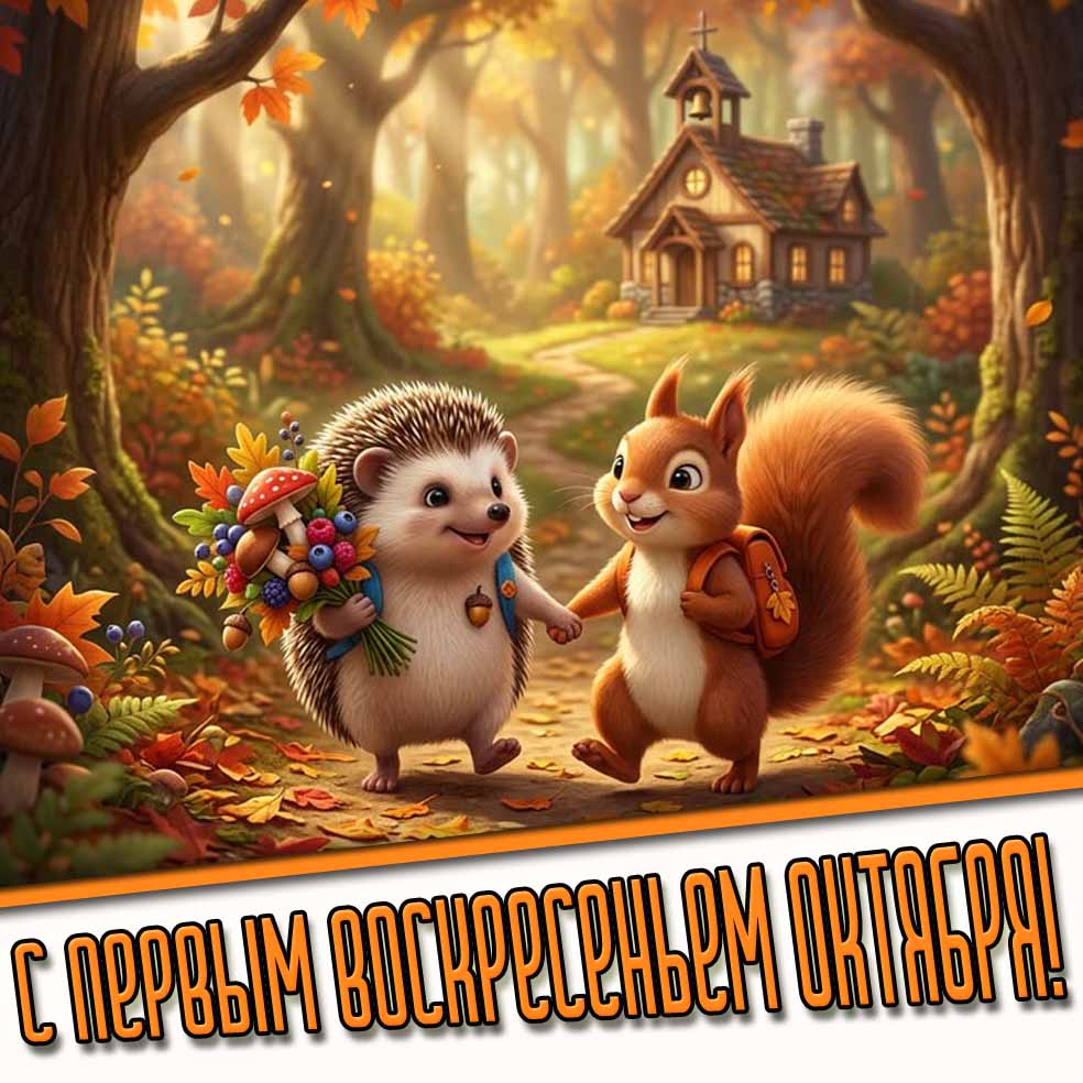 С первым воскресеньем октября! - картинка с белочкой и ёжиком