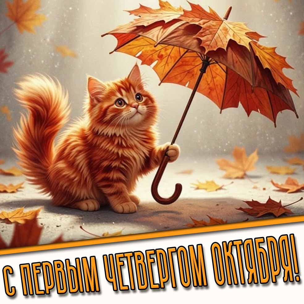 С первым четвергом октября! - прикольная открытка с котом