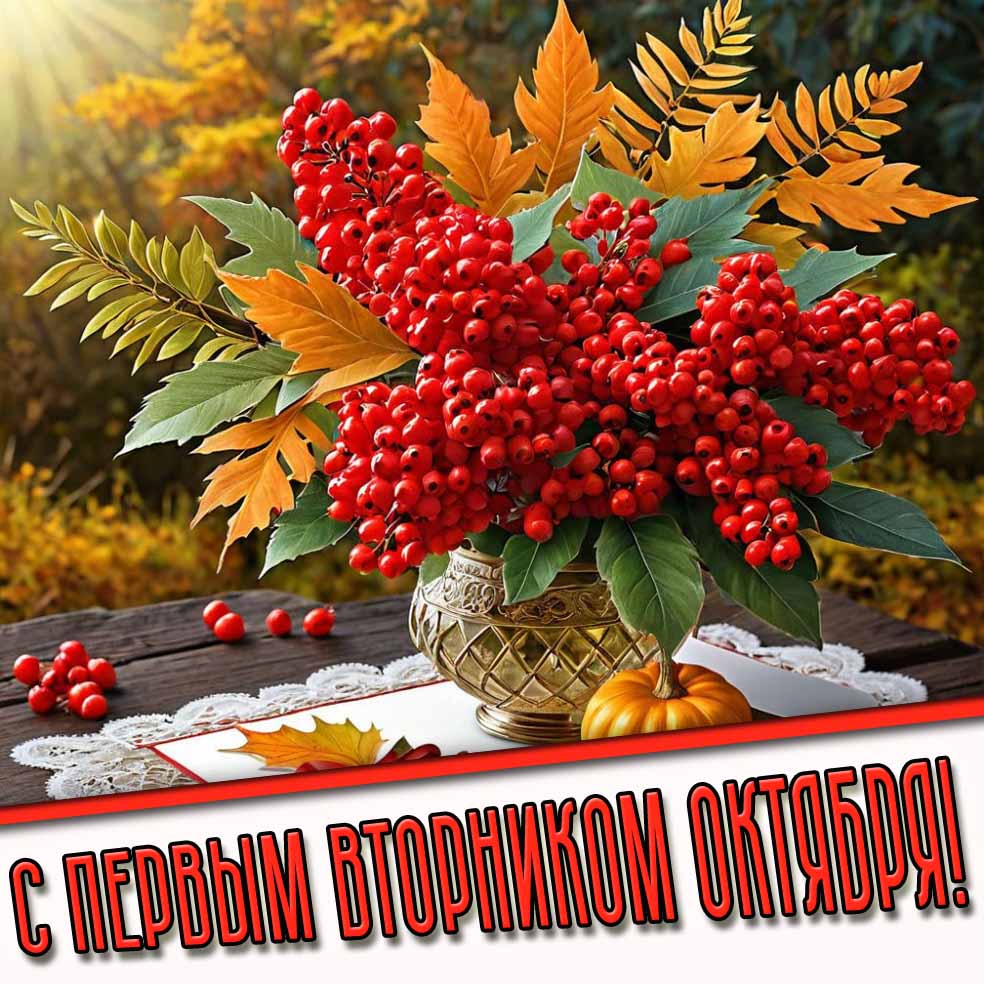 С первым вторником октября! - открытка с букетом рябины