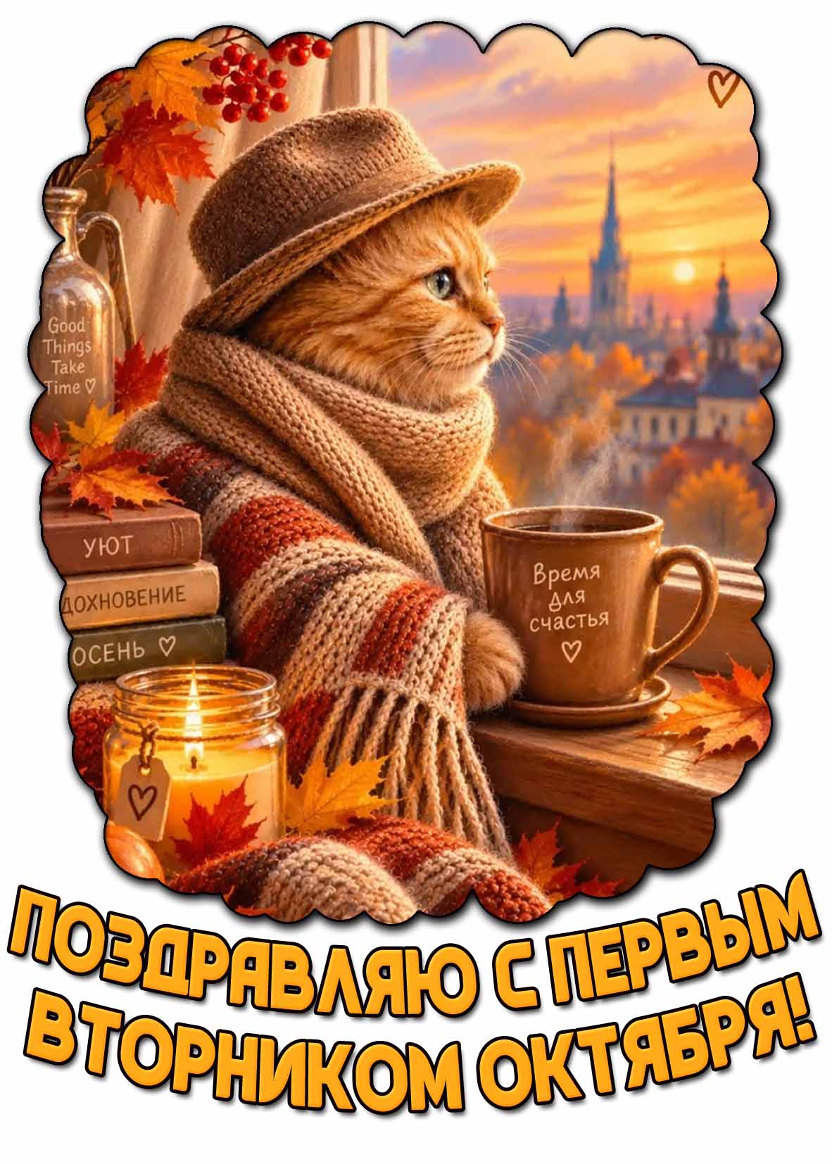 Открытка "Поздравляю с первым вторником октября! Время для счастья!"