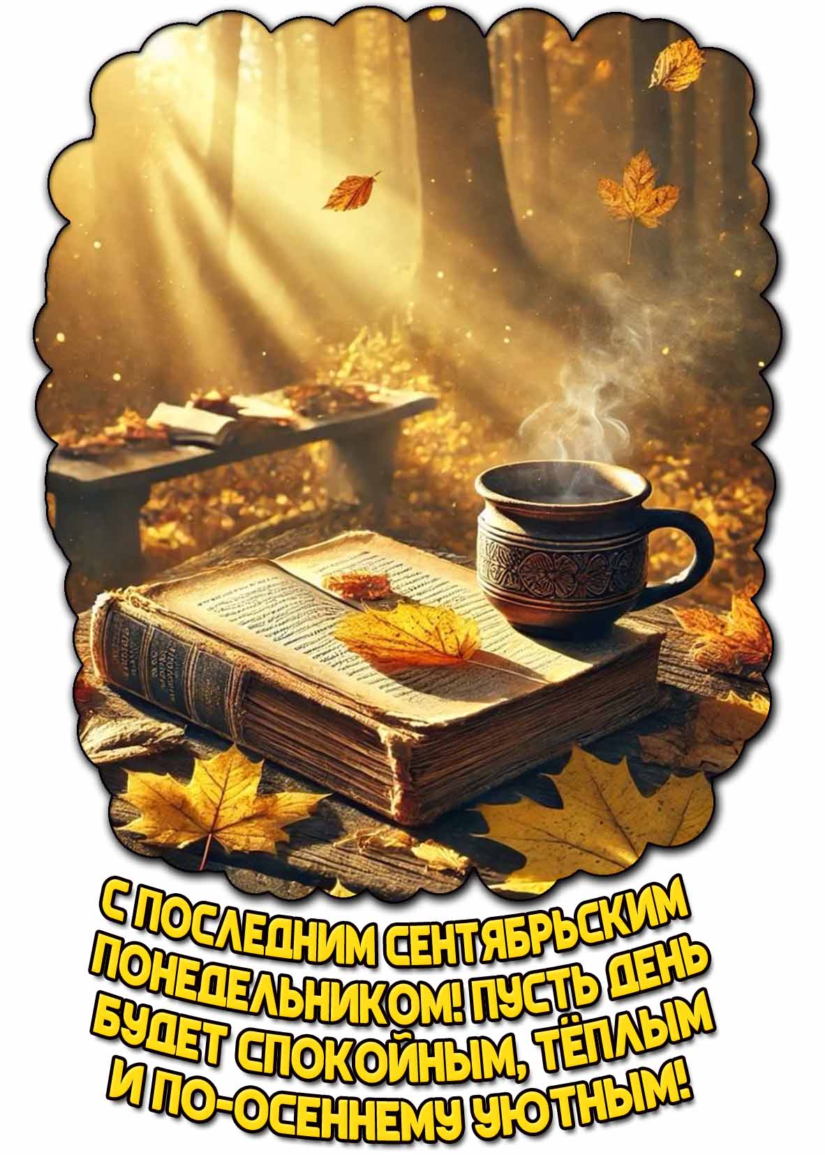 Солнечная открытка с чашкой кофе на книге в осеннем лесу, чтобы поздравить : С последним сентябрьским понедельником! Пусть день будет спокойным, тёплым и по-осеннему уютным! Солнечная открытка с чашкой кофе на книге в осеннем лесу, чтобы поздравить : С последним сентябрьским понедельником! Пусть день будет спокойным, тёплым и по-осеннему уютным!