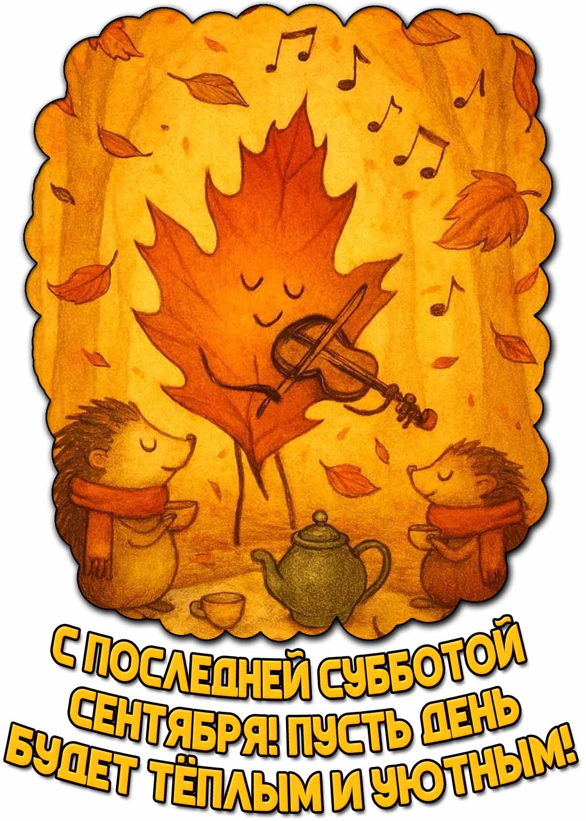 Открытка "С последней субботой сентября! Пусть день будет тёплым и уютным!"