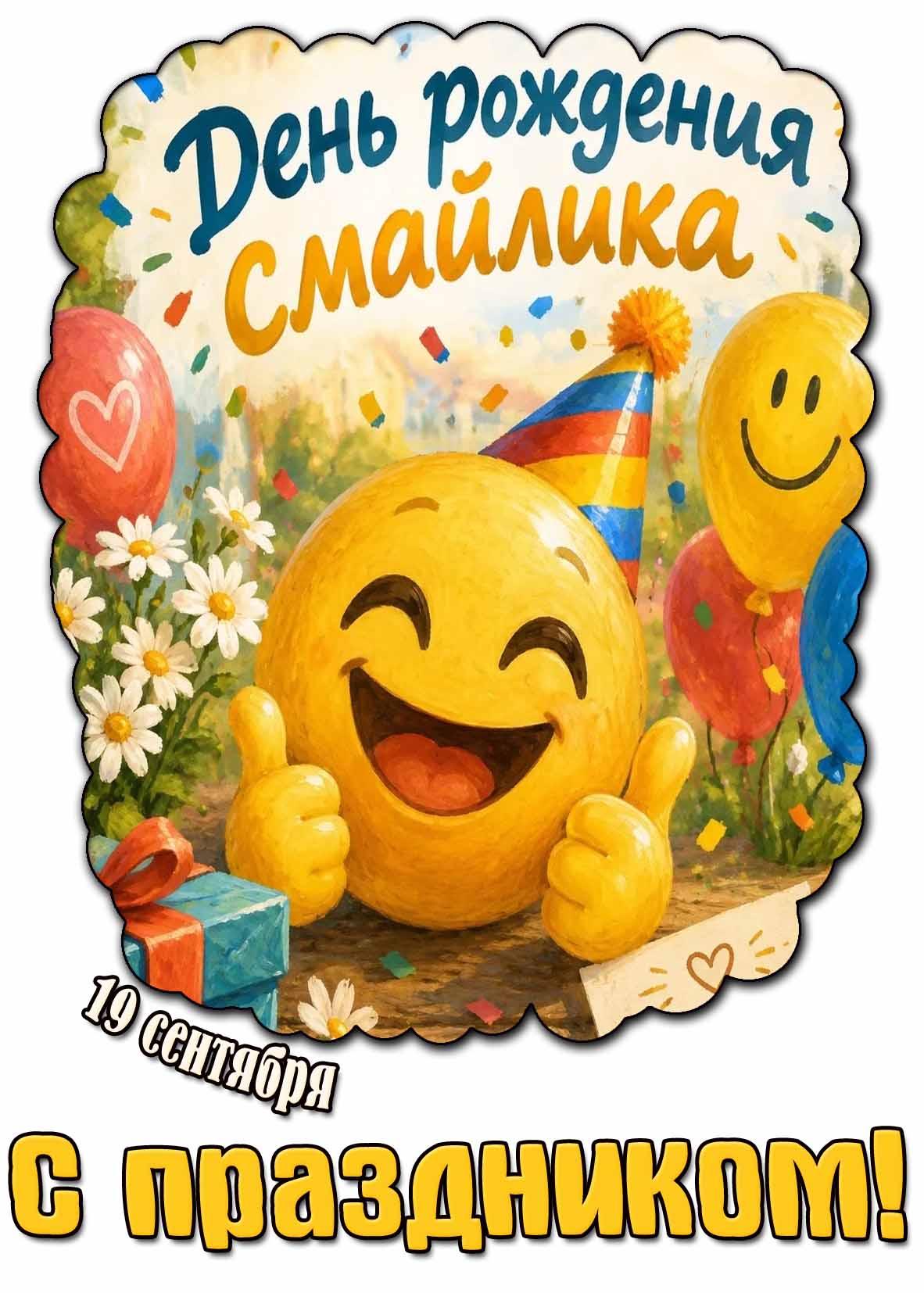 Праздничная открытка 19 сентября - день рождения смайлика! С праздником!