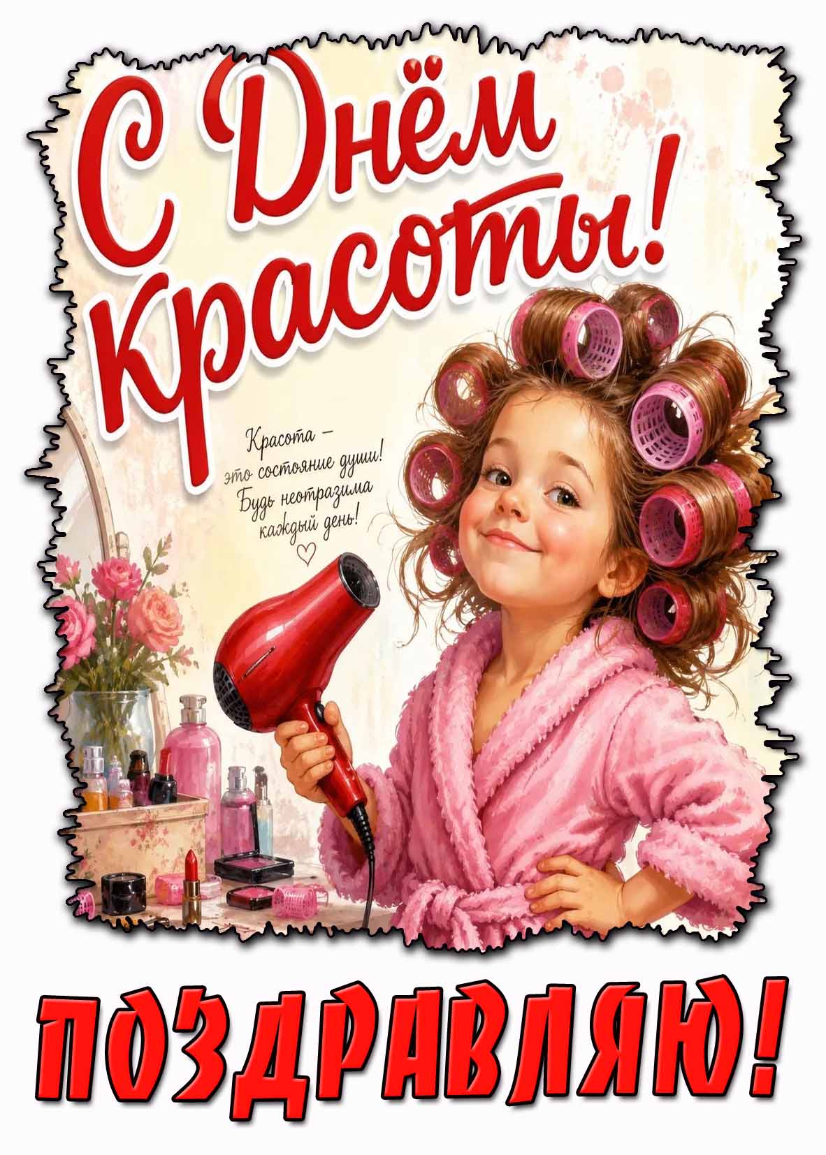 Прикольная детская открытка "С днём красоты! Красота - это состояние души! Будь неотразима каждый день! Поздравляю!"