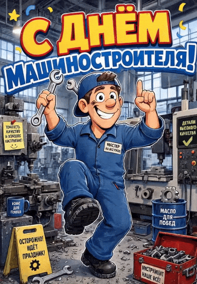 Прикольная гифка (анимированная gif картинка) с танцующим рабочим с гаечным ключом, чтобы поздравить : С днём машиностроителя! Осторожно! Идёт праздник! Прикольная гифка с днём машиностроителя
