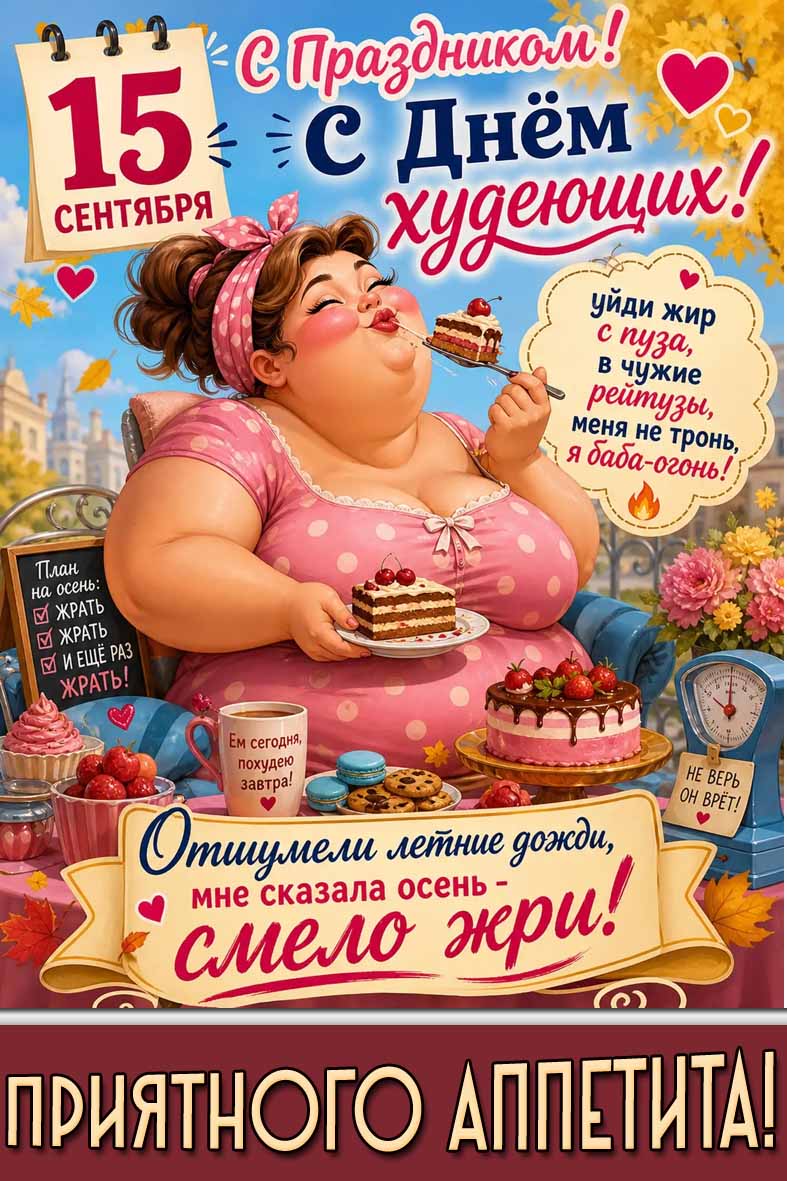 Прикольная картинка 15 сентября - с днём худеющих! С праздником! Приятного аппетита!