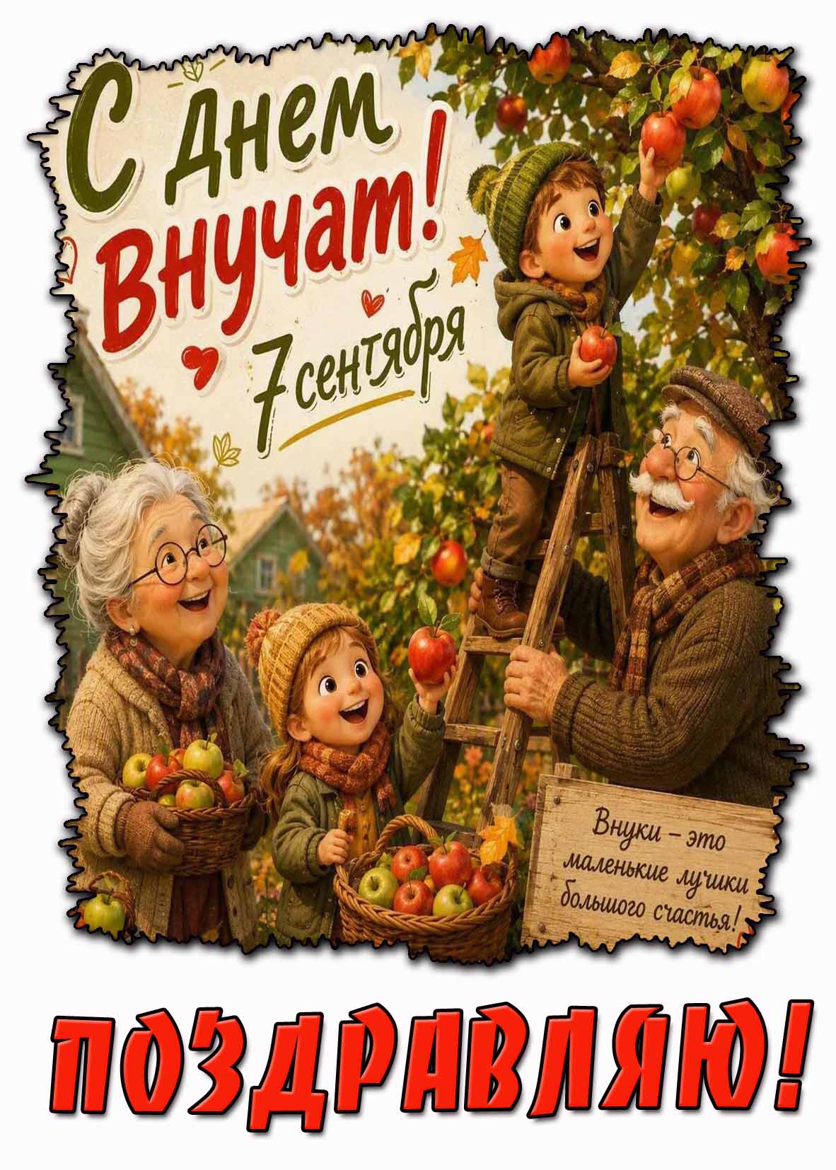 Прикольная картинка 7 сентября - с днём внучат! Поздравляю! Внуки - это маленькие лучики большого счастья!