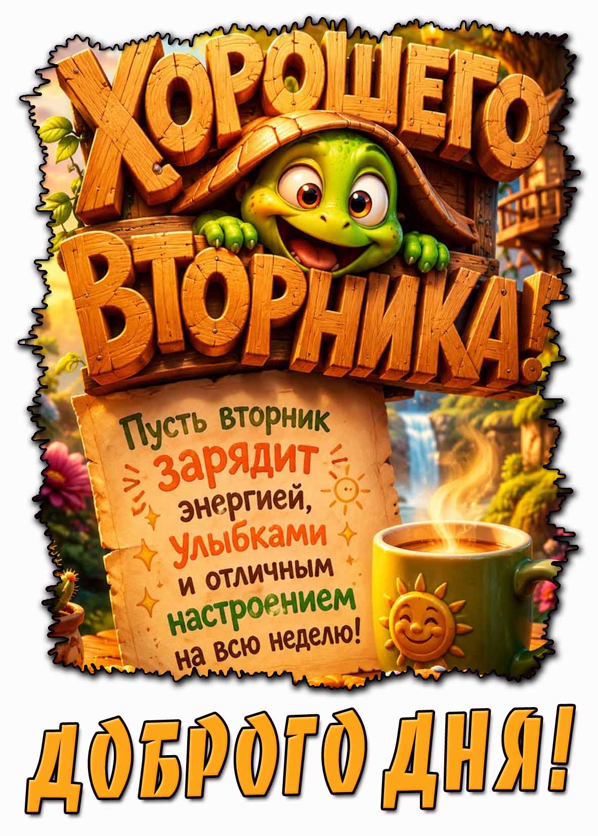 Прикольная картинка "Хорошего вторника! Доброго дня! Пусть вторник зарядит энергией, улыбками и отличным настроением на всю неделю!"