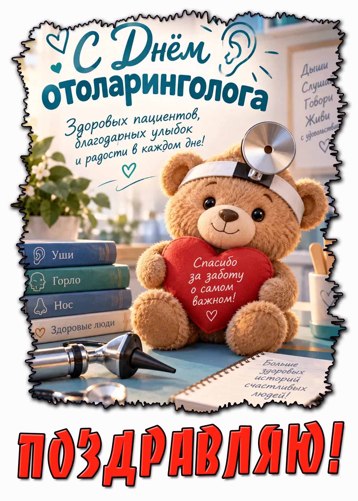 Прикольная картинка "С днём отоларинголога! Здоровых пациентов, благодарных улыбок и радости в каждом дне! Поздравляю!"