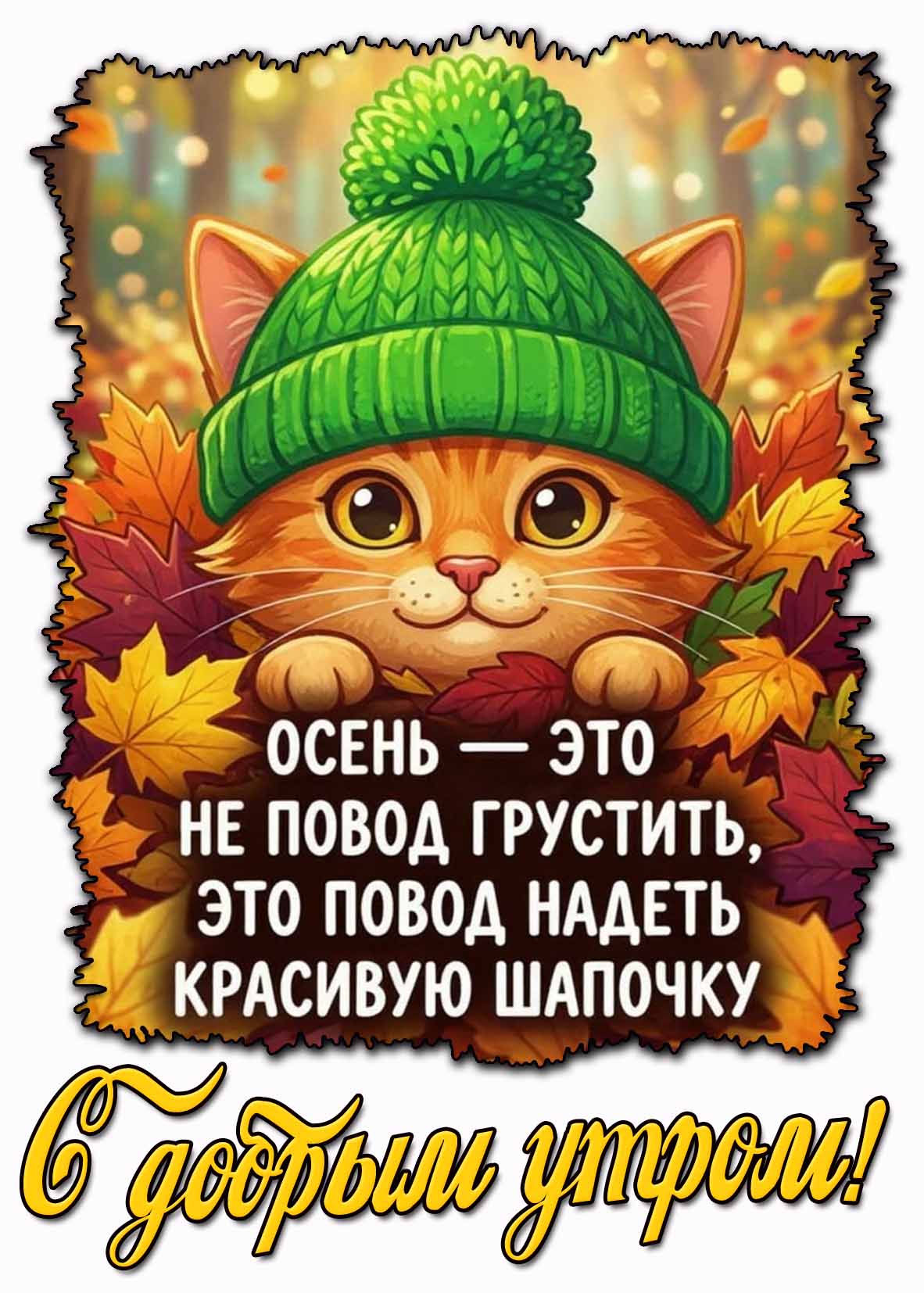 Прикольная картинка с котиком "С добрым утром! Осень - это не повод грустить, это повод надеть красивую шапочку!"