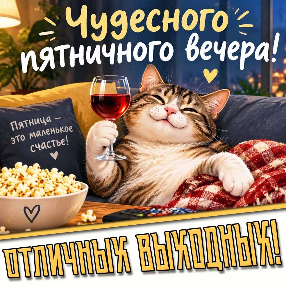 Прикольная картинка с котом "Чудесного пятничного вечера! Пятница - это маленькое счастье! Отличных выходных!"