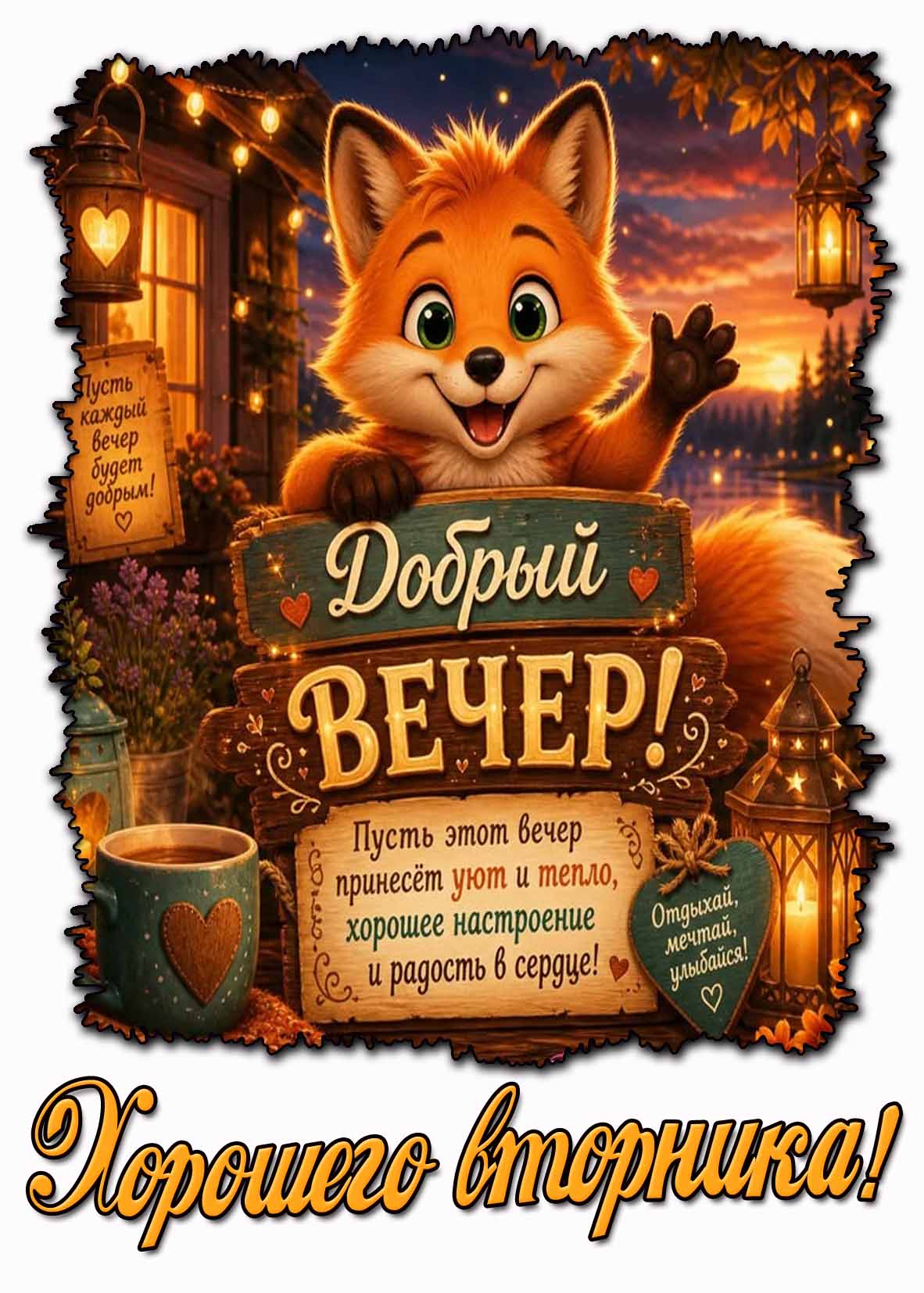 Прикольная картинка с пожеланиями "Добрый вечер! Хорошего вторника!"