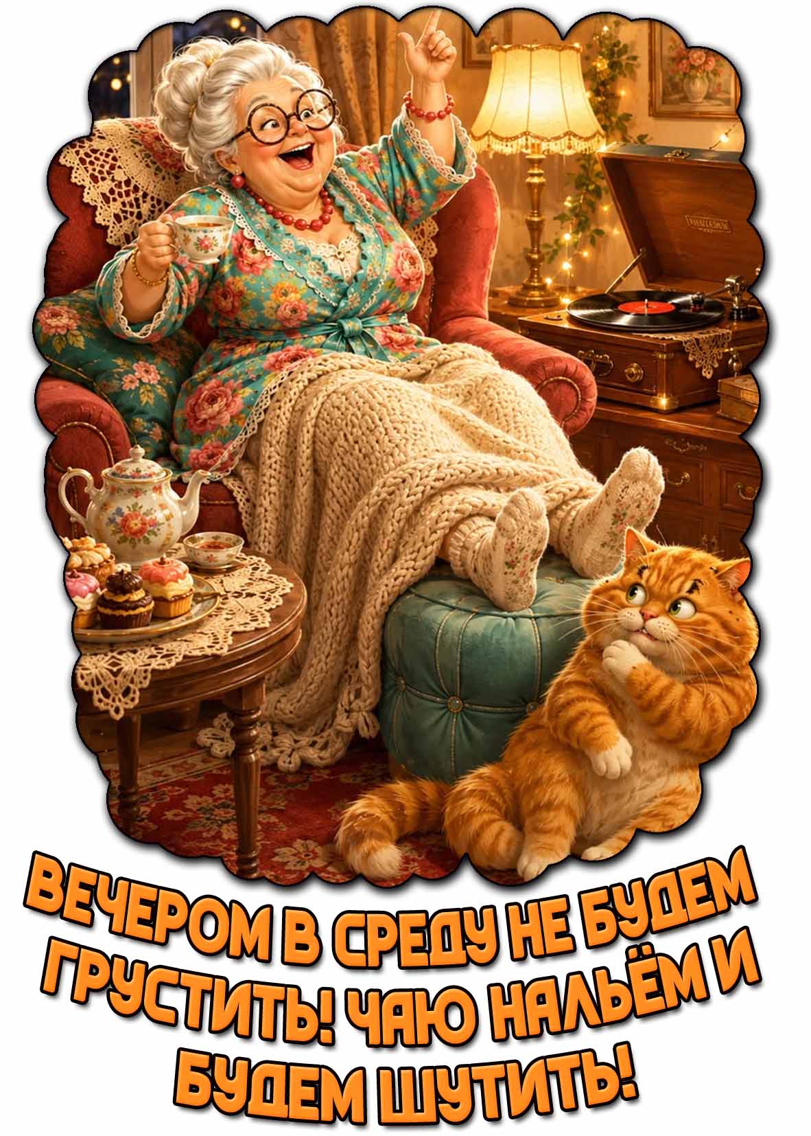 Прикольная открытка "Вечером в среду не будем грустить! Чаю нальём и будем шутить!"