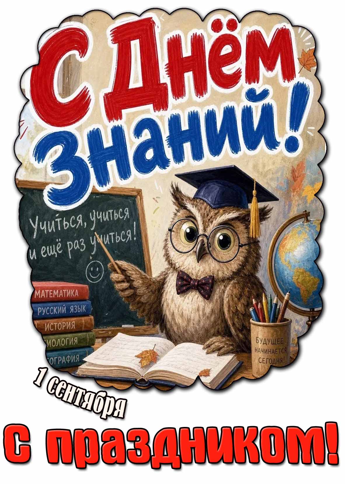 Прикольная открытка 1 сентября - с днём знаний! С праздником! Учиться, учиться и ещё раз учится!
