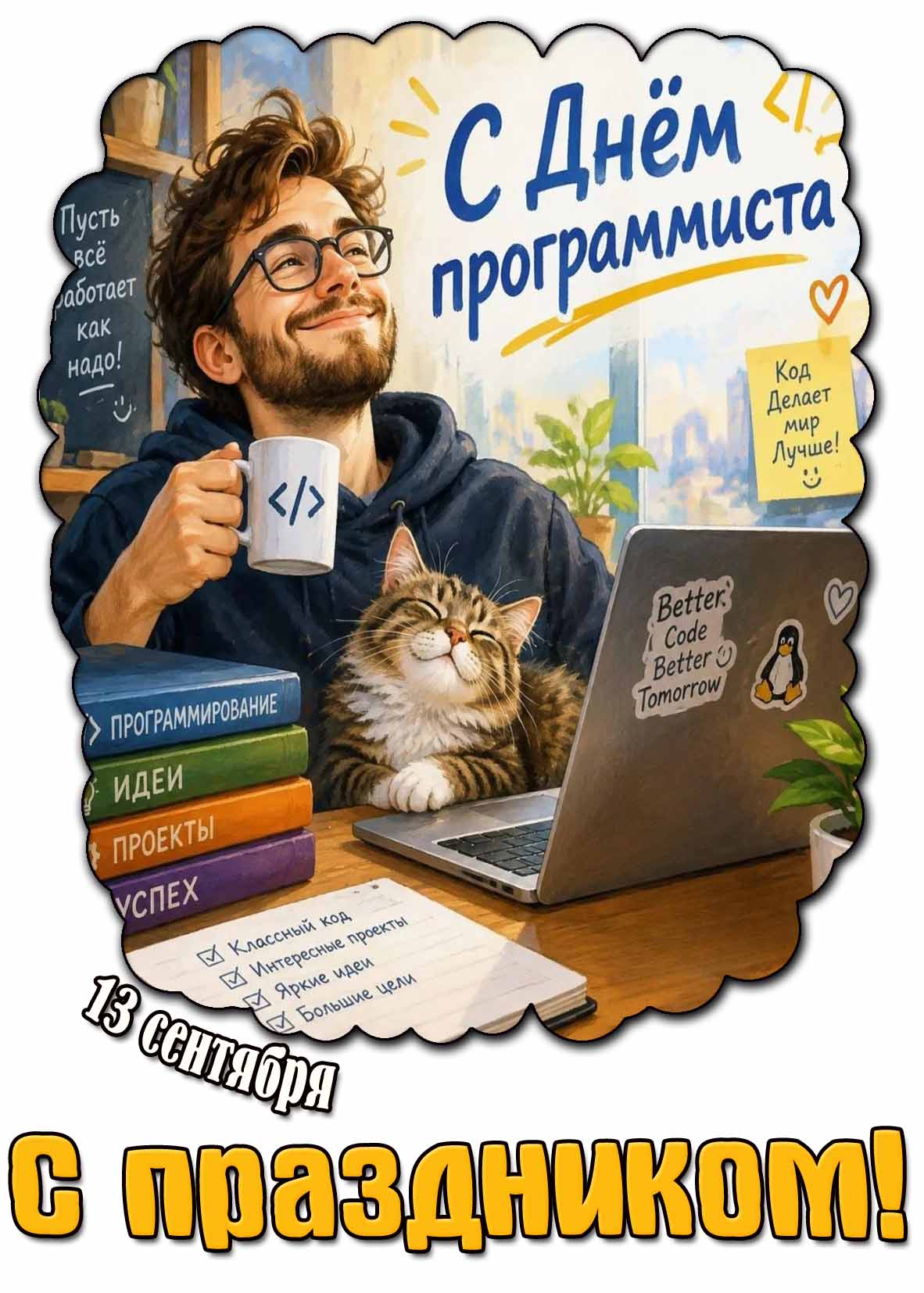 Прикольная открытка с счастливым мужчиной и котом за ноутбуком к 13 сентября - с днём программиста! С праздником! Код делает мир лучше! Пусть всё работает как надо!