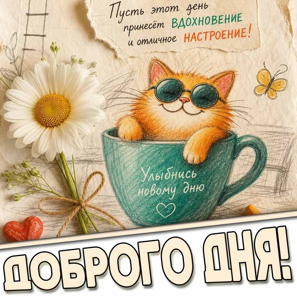 Прикольная открытка "Доброго дня! Пусть этот день принесёт вдохновение и отличное настроение! Улыбнись новому дню!"