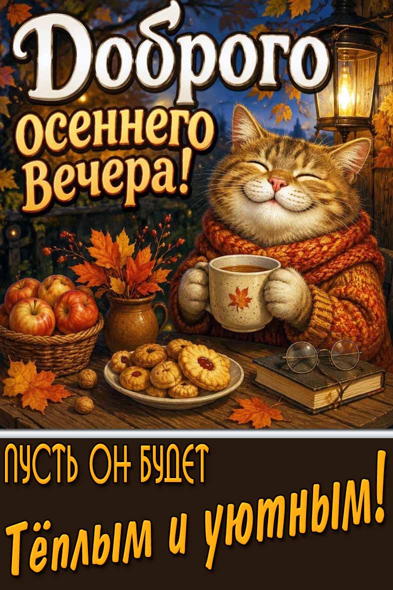 Прикольная открытка "Доброго осеннего вечера! Пусть он будет тёплым и уютным!"