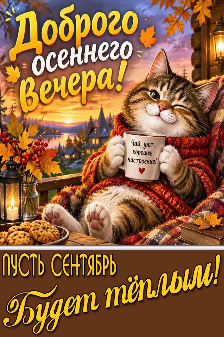 Прикольная открытка "Доброго осеннего вечера! Пусть сентябрь будет тёплым! Чай, уют, хорошее настроение!"