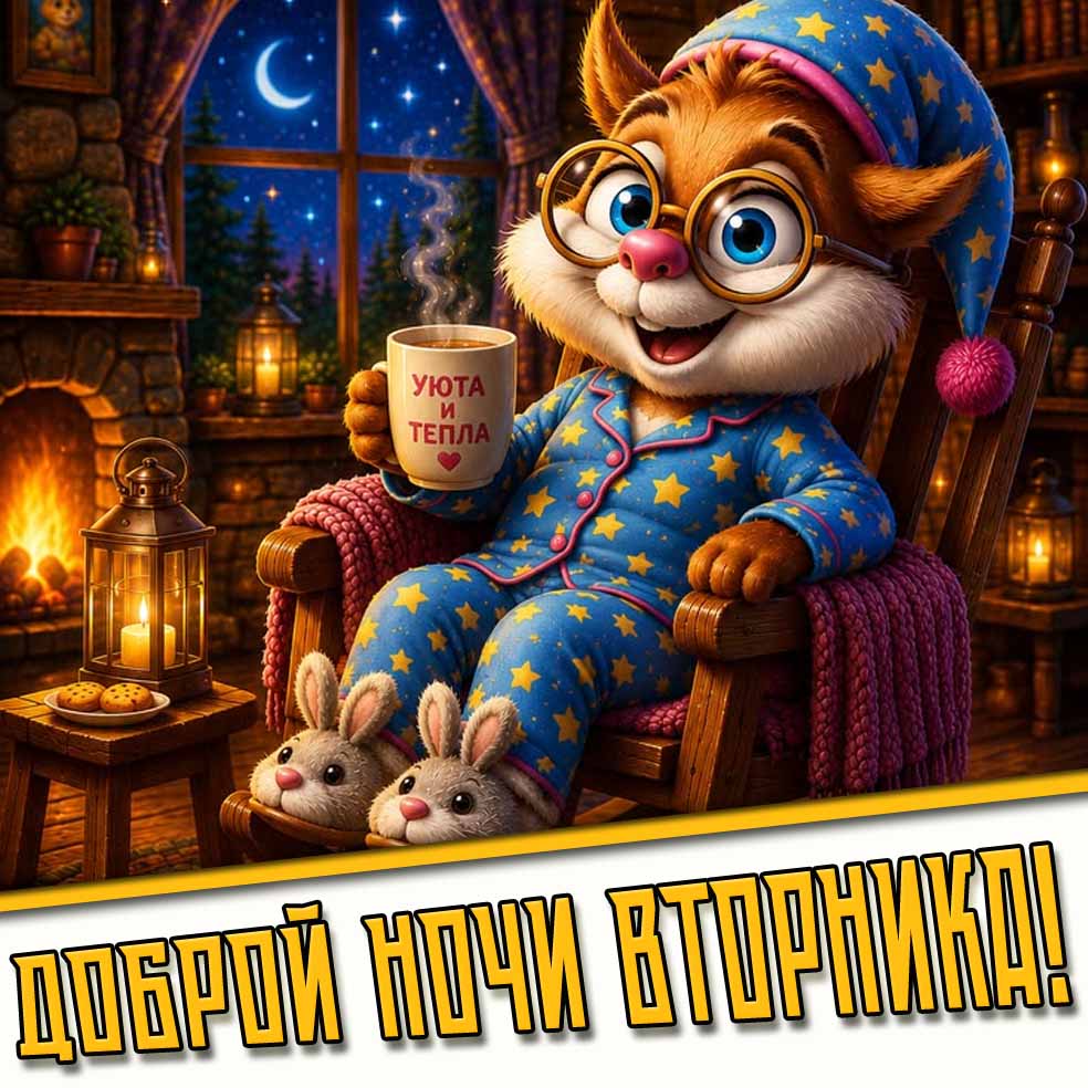 Прикольная открытка "Доброй ночи вторника! Уюта и тепла!"