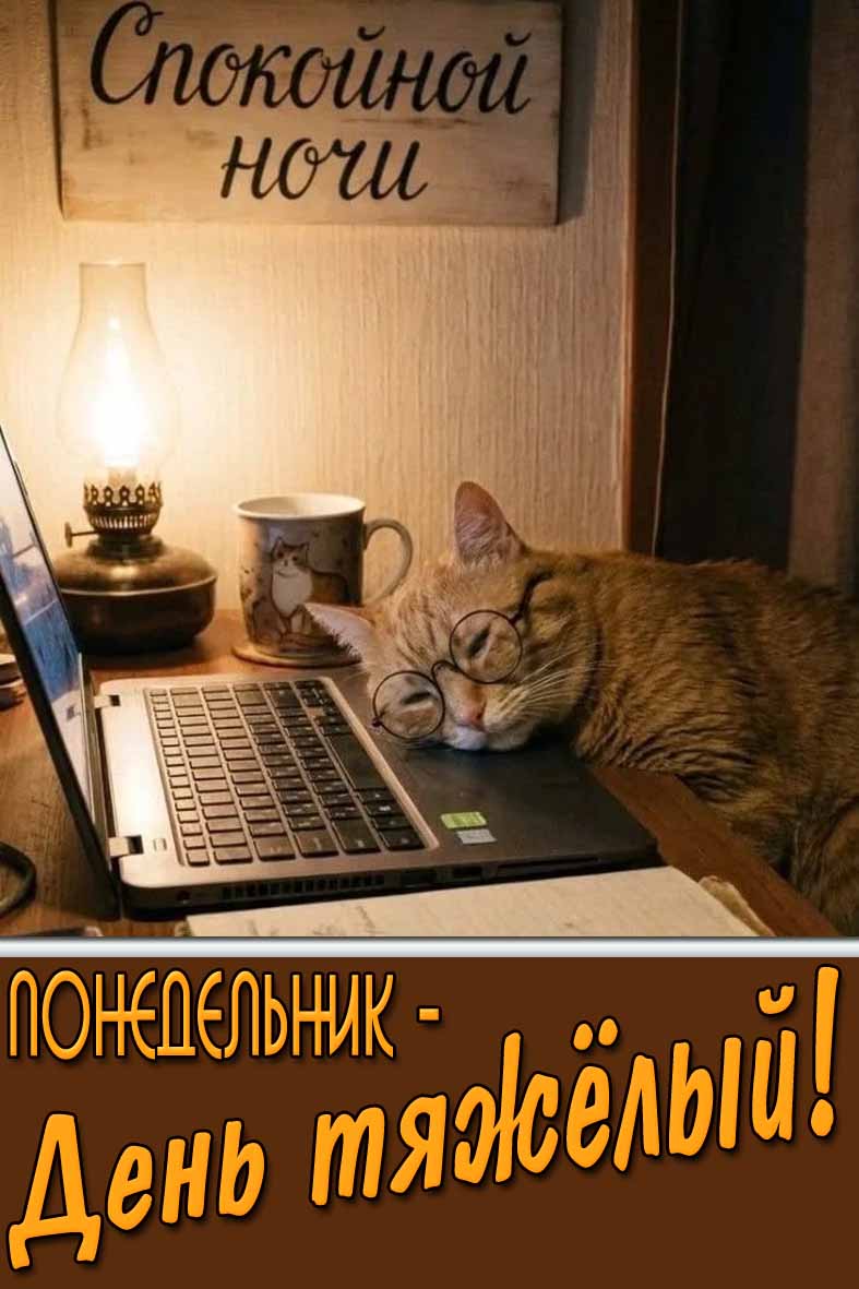 Прикольная открытка "Понедельник - день тяжёлый! Спокойной ночи!"