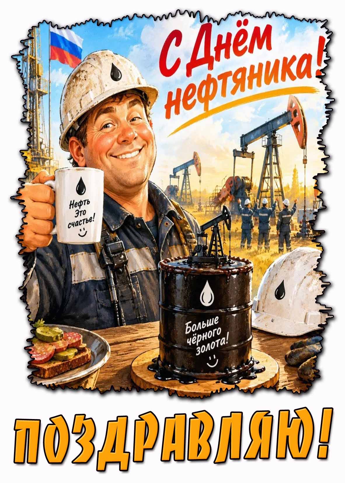 Прикольная открытка "С днём нефтяника! Нефть это счастье! Больше чёрного золота! Поздравляю!"