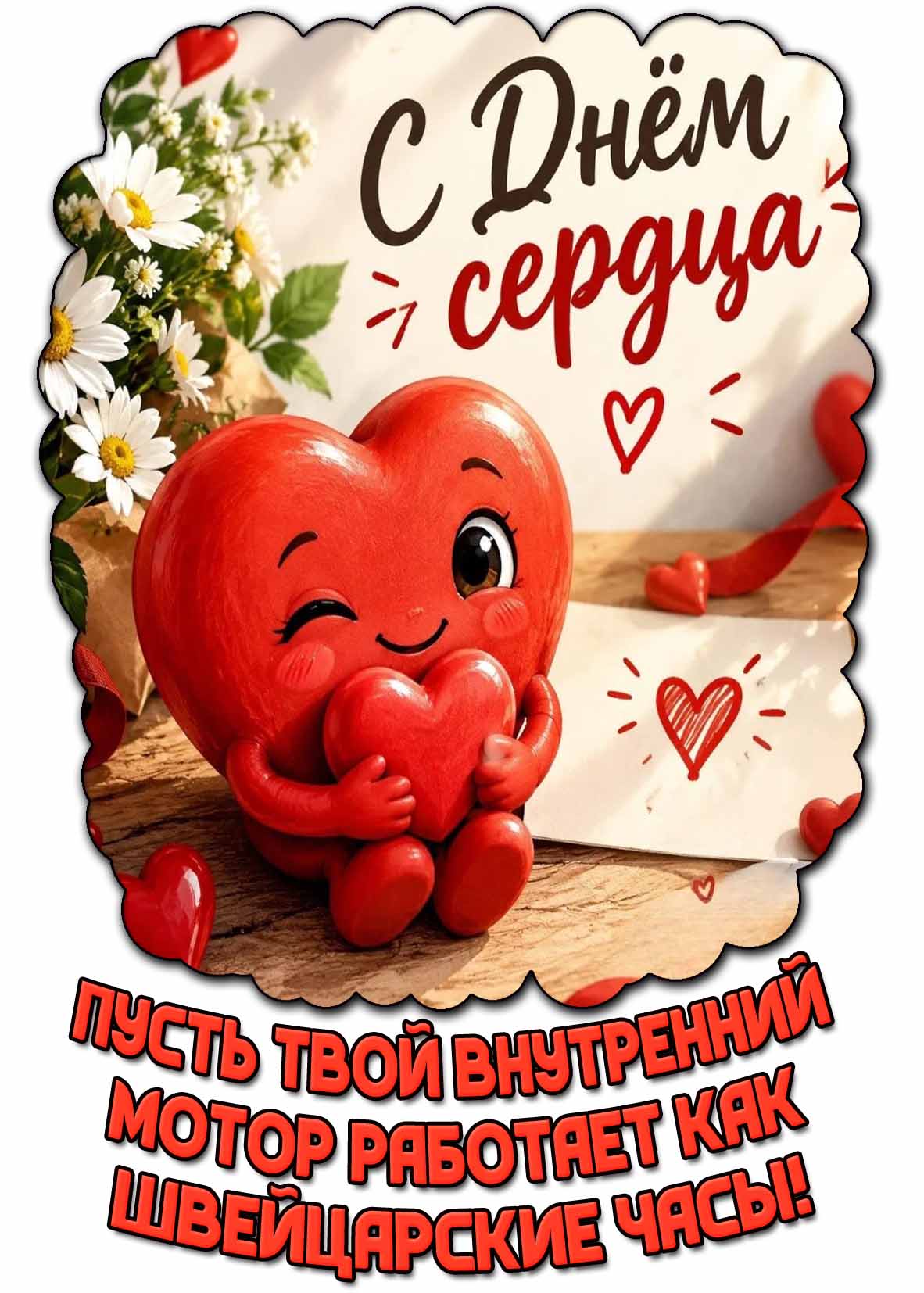 Прикольная открытка "С днём сердца! Пусть твой внутренний мотор работает как швейцарские часы!"
