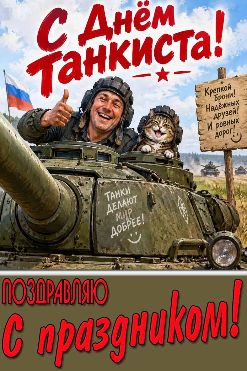 Прикольная открытка "С днём танкиста! Крепкой брони! Надёжных друзей! И ровных дорог! Поздравляю с праздником!"