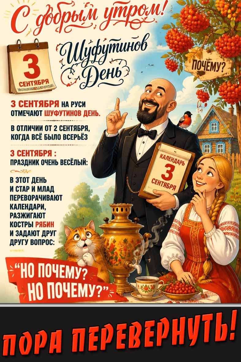 Прикольная открытка "С добрым утром! 3 сентября - Шуфутинов день! Пора перевернуть!"