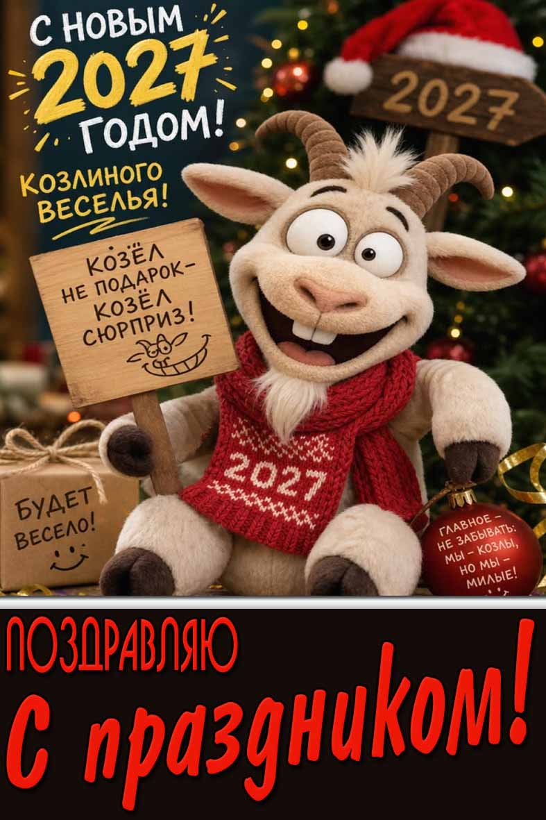 С Новым 2027 годом! Козёл не подарок - козёл сюрприз! Поздравляю с праздником!