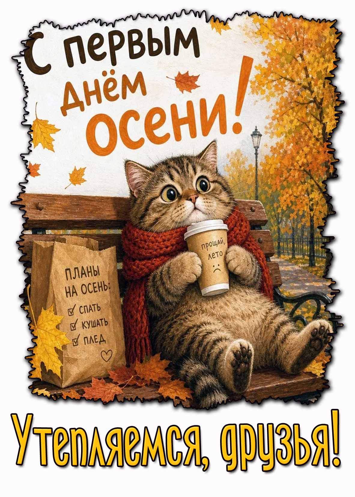 Прикольная открытка "С первым днём осени! Утепляемся, друзья! Прощай, лето!"