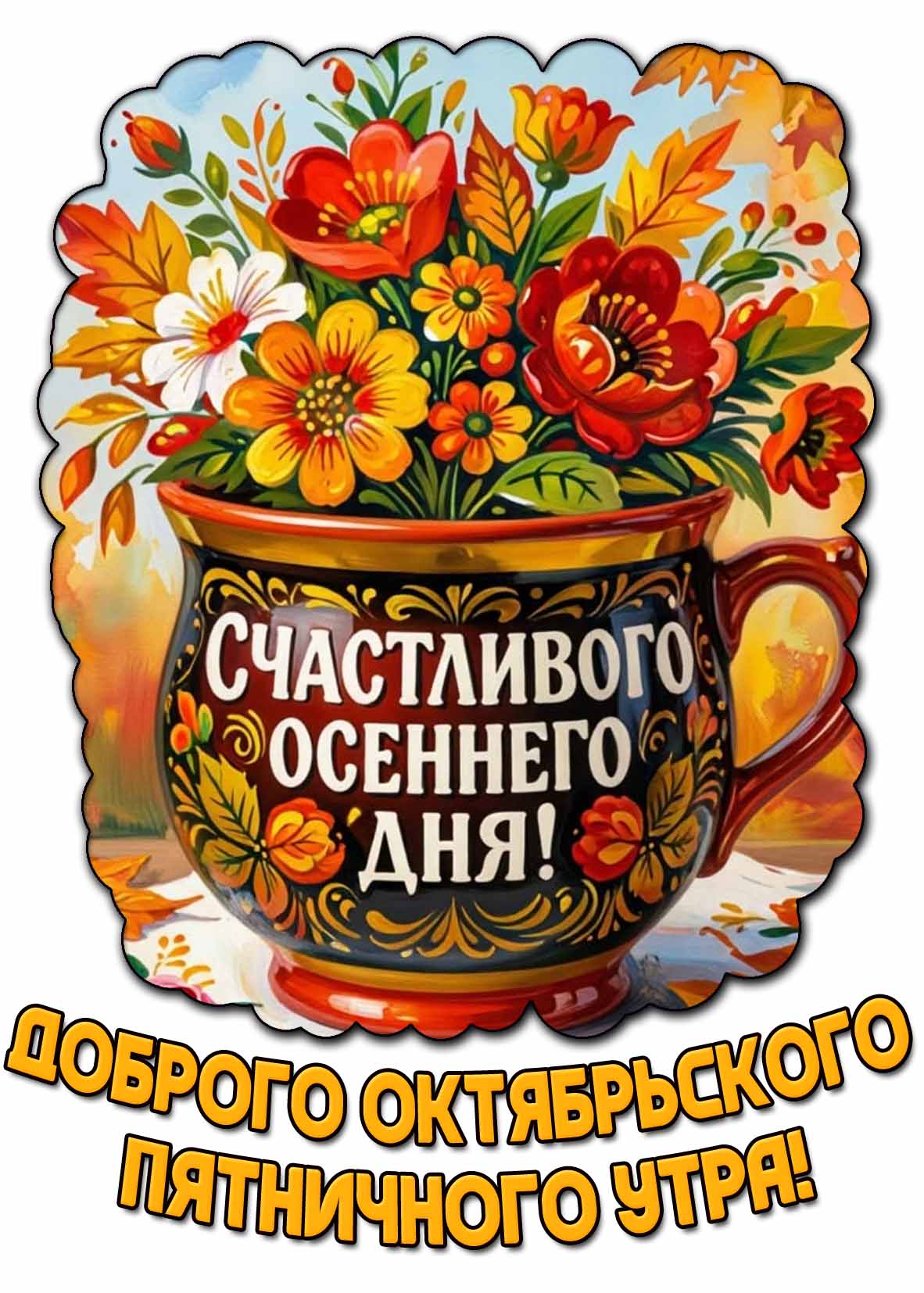 Красивая открытка с вазой в хохломском стиле с букетом роскошных цветов и надписью : Доброго октябрьского пятничного утра! Счастливого осеннего дня! Красивая открытка "Доброго октябрьского пятничного утра! Счастливого осеннего дня!"