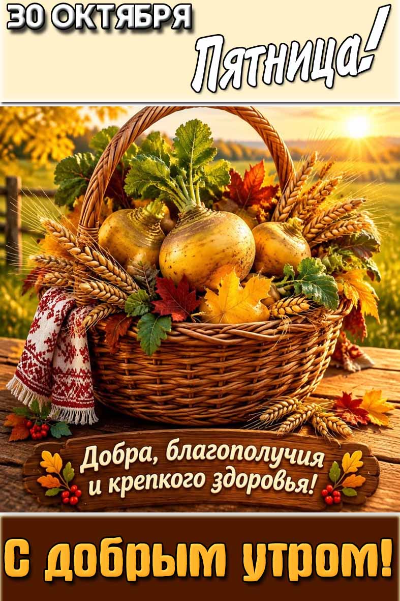 Красивая, солнечная картинка с корзиной репы с кленовыми листьями и надписью : "30 октября пятница! С добрым утром! Добра, благополучия и крепкого здоровья!". Картинка "30 октября пятница! С добрым утром! Добра, благополучия и крепкого здоровья!"