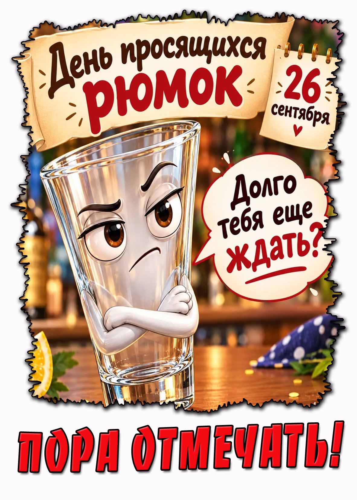 Смешная картинка 26 сентября - день просящихся рюмок! Долго тебя ждать? Пора отмечать!