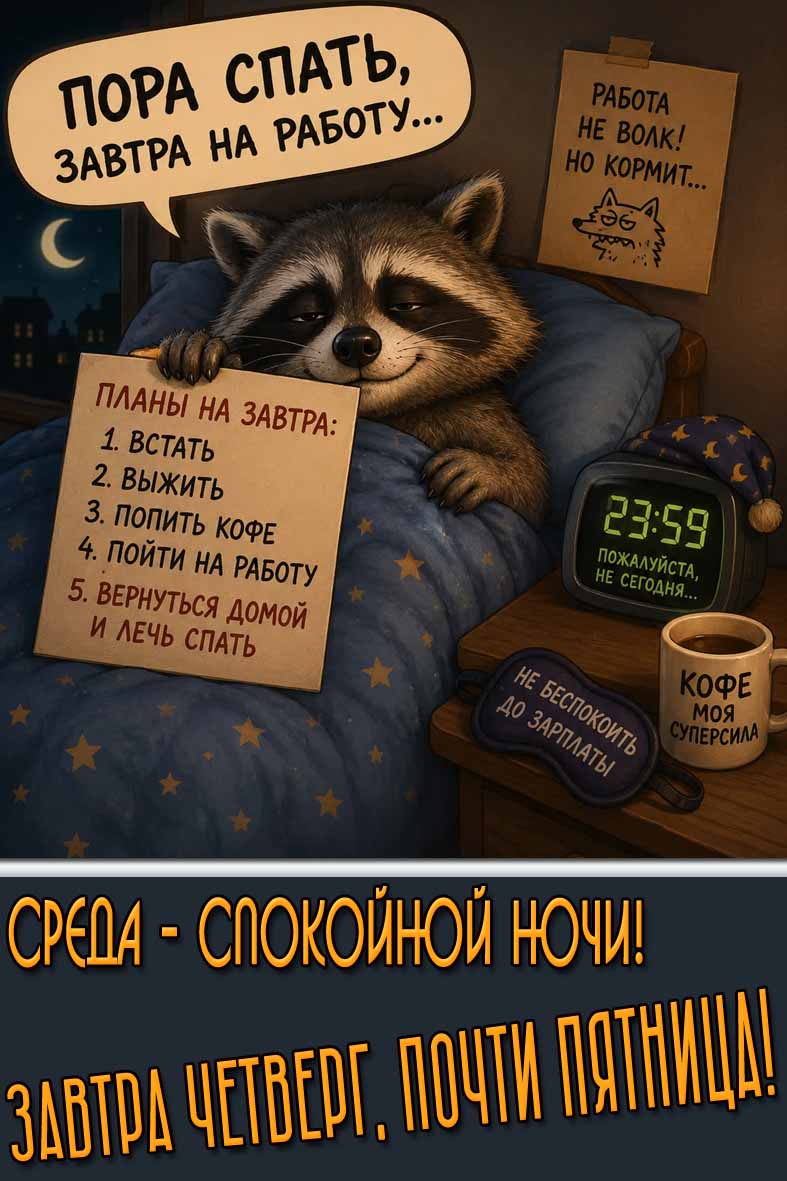 Смешная картинка "Пора спать, завтра на работу... Среда - спокойной ночи! Завтра четверг, почти пятница!