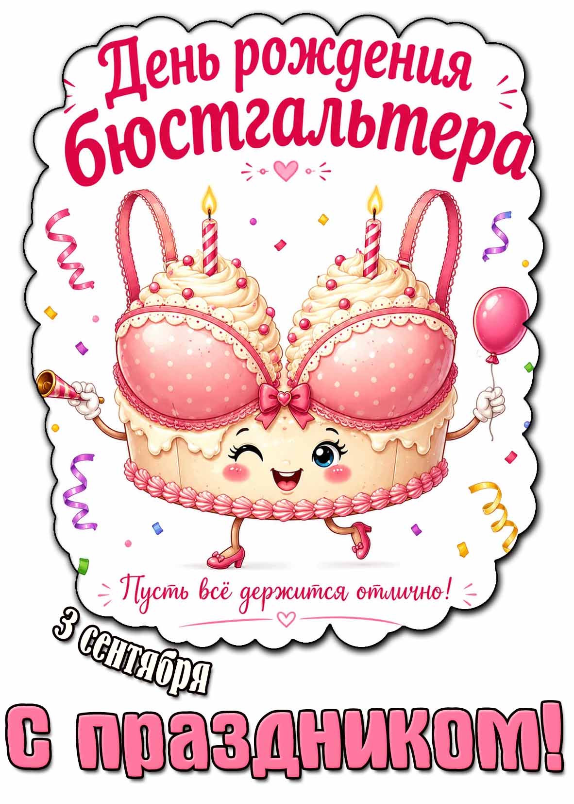 Смешная открытка 3 сентября - день рождения бюстгальтера! Пусть всё держится отлично! С праздником!