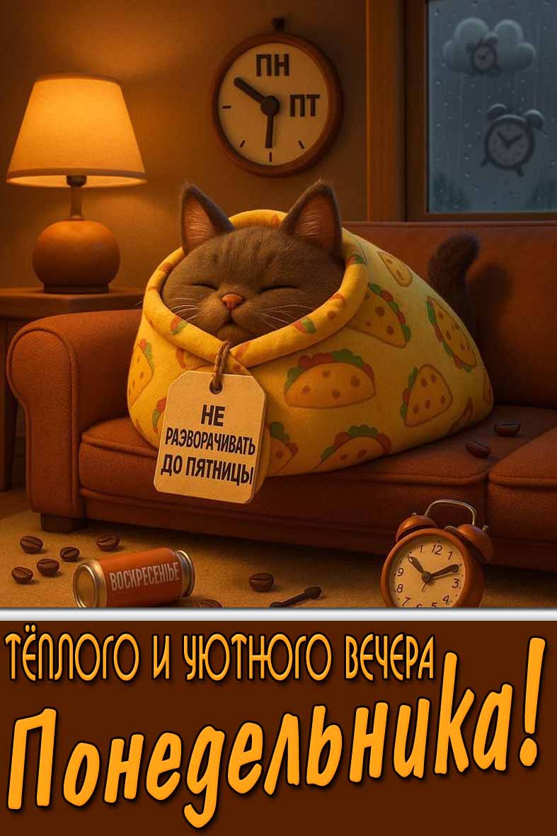 Смешная открытка с котиком в пледе на диване и надписью : Тёплого и уютного вечера понедельника! Не разворачивать до пятницы! Смешная открытка с котиком в пледе на диване и надписью : Тёплого и уютного вечера понедельника! Не разворачивать до пятницы!