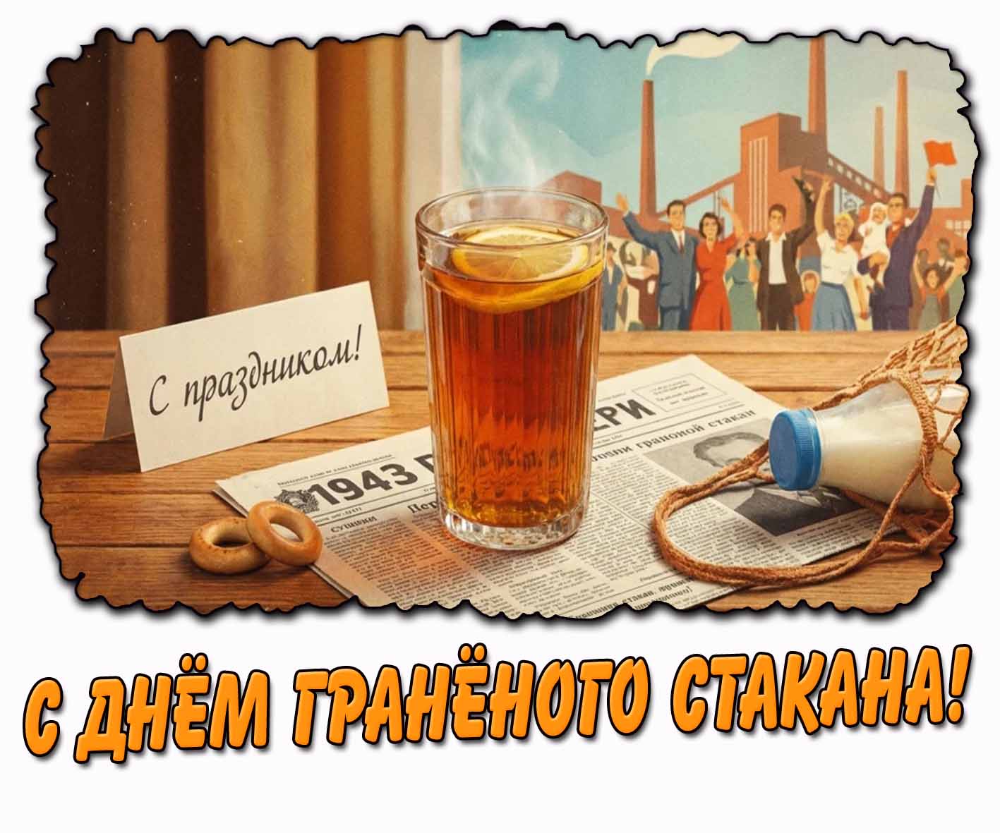 Советская открытка "С днём гранёного стакана! С праздником!"