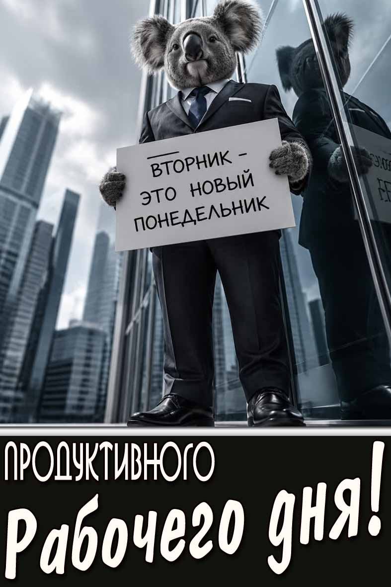 Стильная открытка "Вторник- это новый понедельник! Продуктивного рабочего дня!"