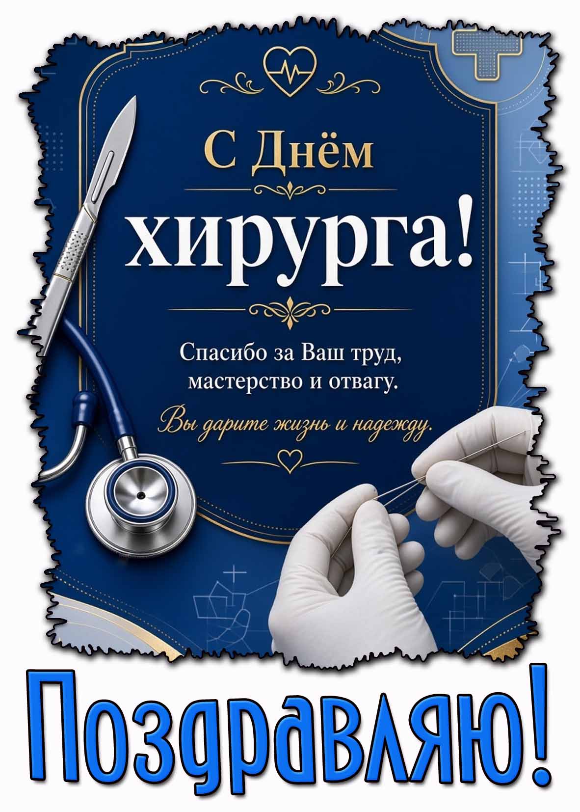 Стильная открытка "С днём хирурга! Спасибо за Ваш труд, мастерство и отвагу! Вы дарите жизнь и надежду! Поздравляю!"