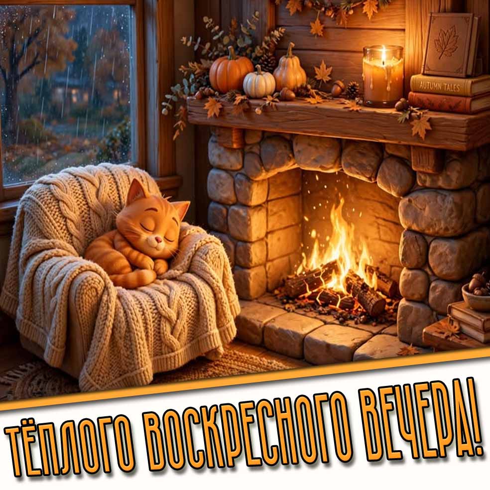 Красивая открытка с котёнком спящим в кресле у камина, на фоне осеннего дождя за окном, чтобы пожелать : Тёплого воскресного вечера! Тёплого воскресного вечера! - осенняя открытка