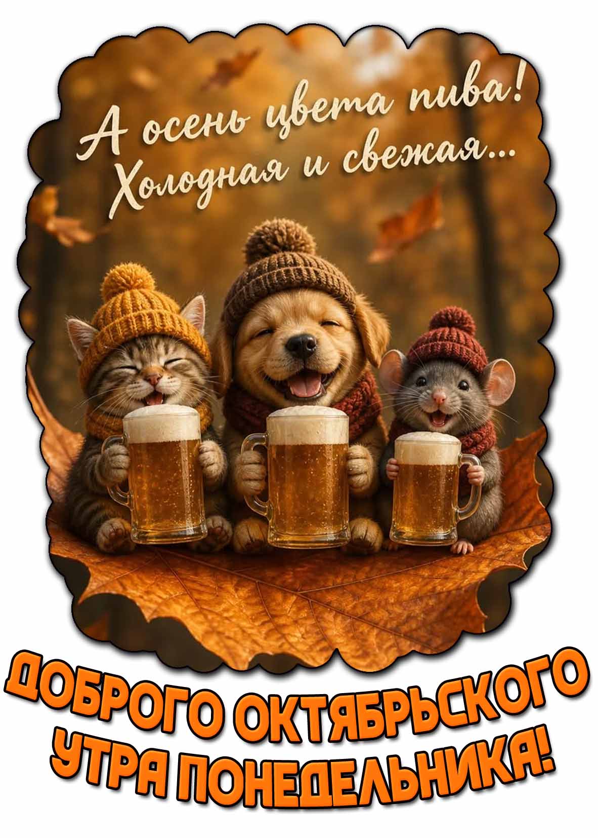 Смешная открытка "Доброго октябрьского утра понедельника! А осень цвета пива! Холодная и свежая..."
