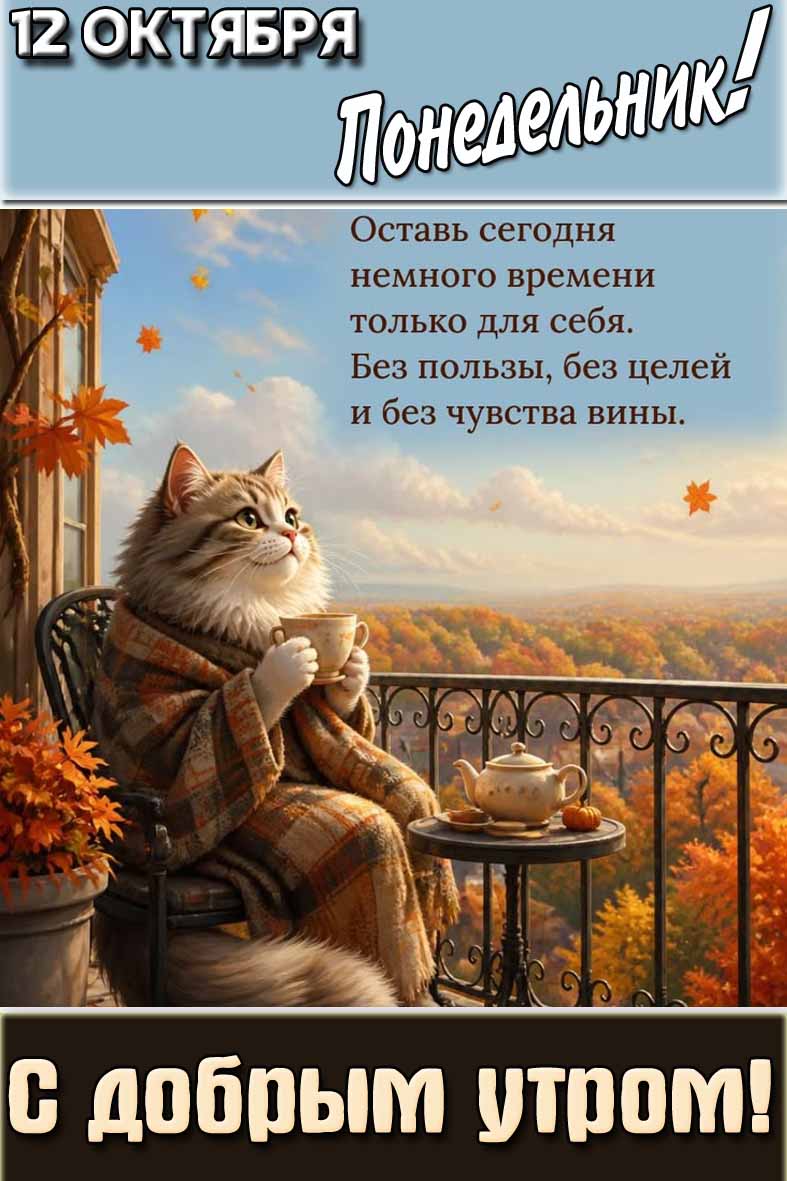 Картинка "12 октября понедельник! С добрым утром! Оставь сегодня немного времени только для себя! Без пользы, без целей и без чувства вины!"